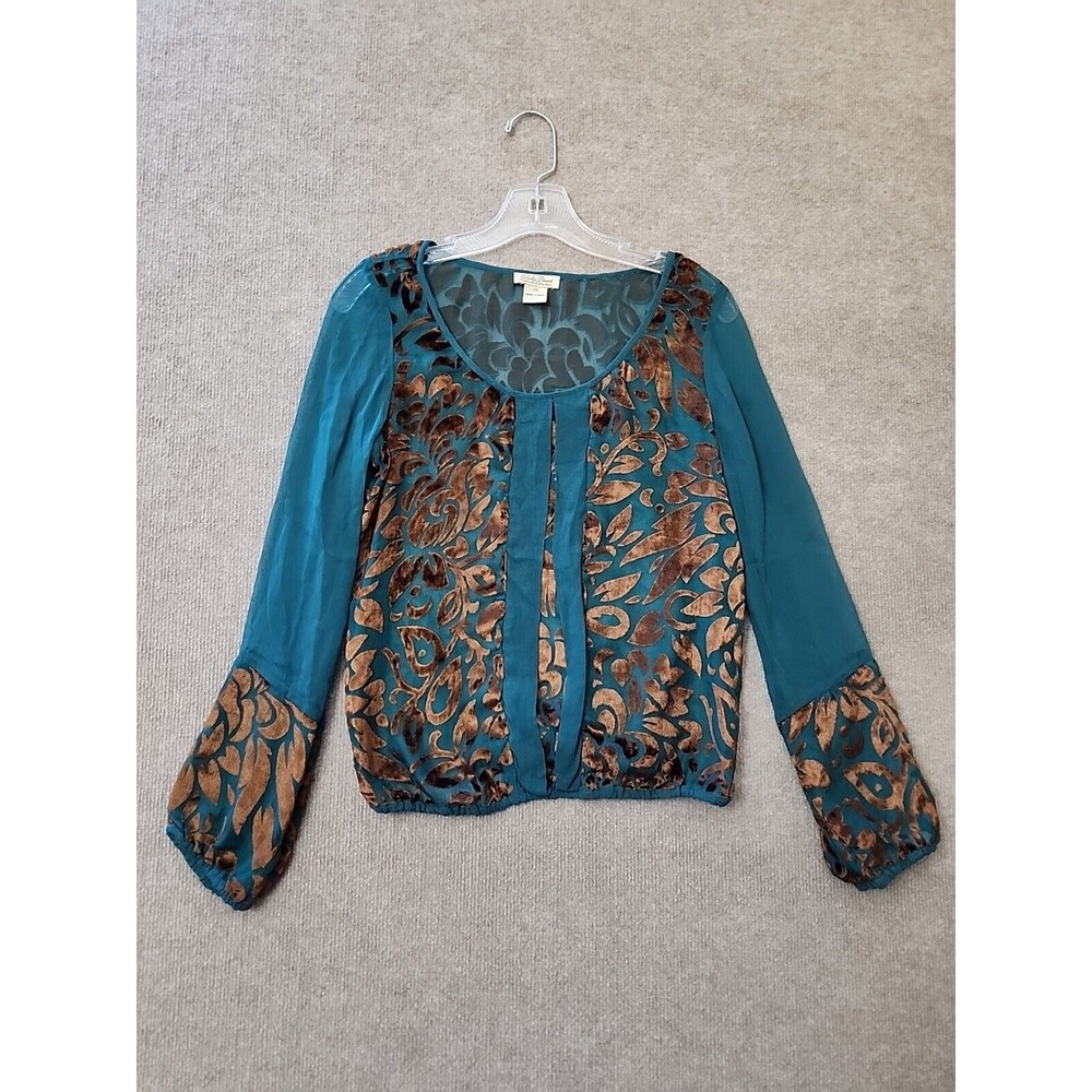 Lucky Brand Sheer Blouse Womens XS Teal Brown Velvet Long Sleeve Top Boho